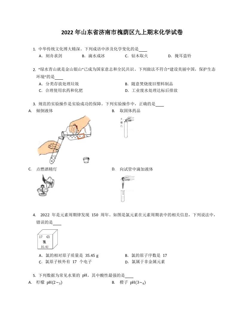 2022年山东省济南市槐荫区九年级上学期期末化学试卷（含答案）