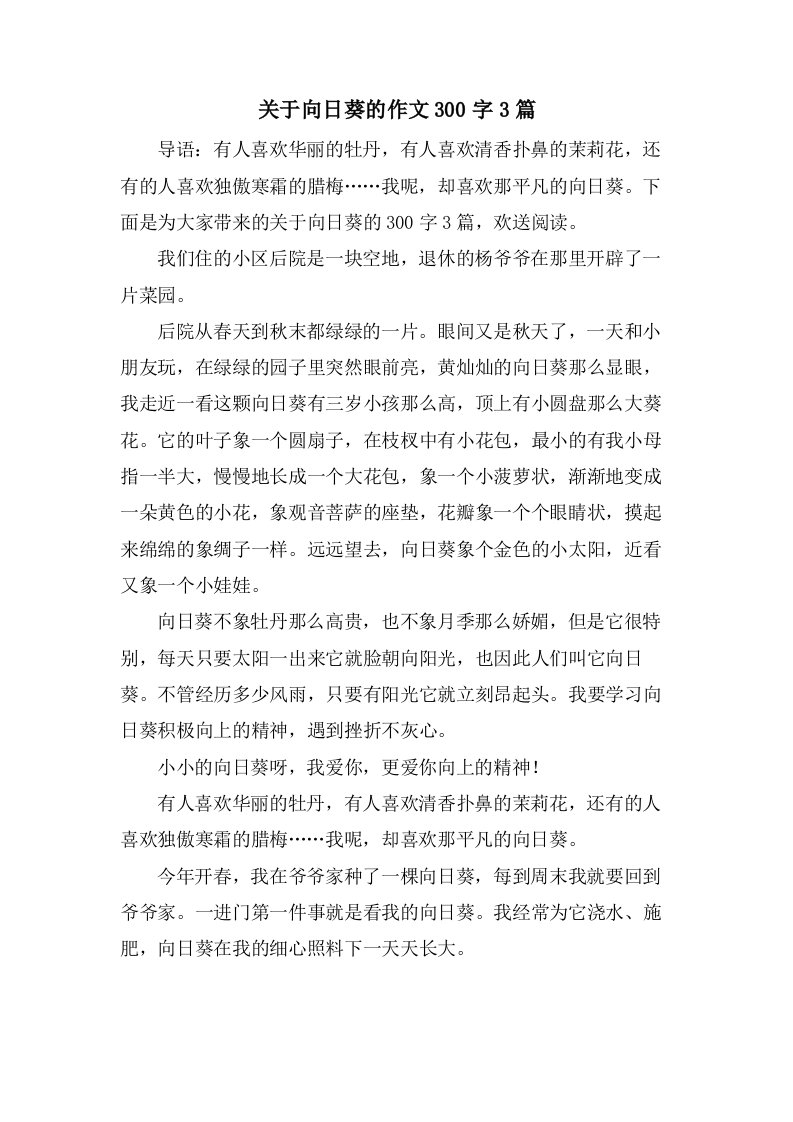 关于向日葵的作文300字3篇