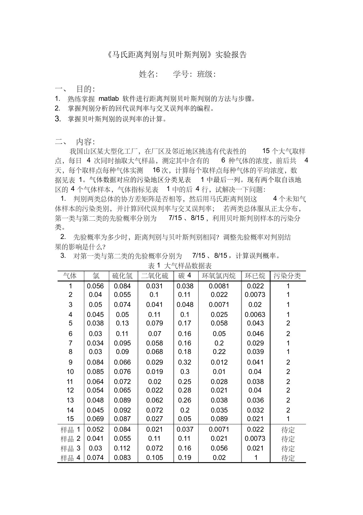 马氏距离判别与贝叶斯判别