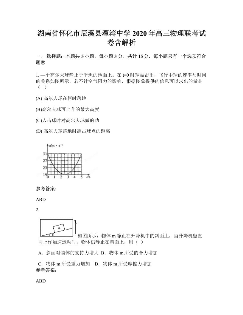 湖南省怀化市辰溪县潭湾中学2020年高三物理联考试卷含解析