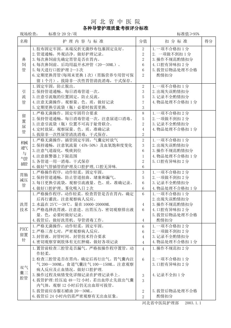 各种管道护理评分标准