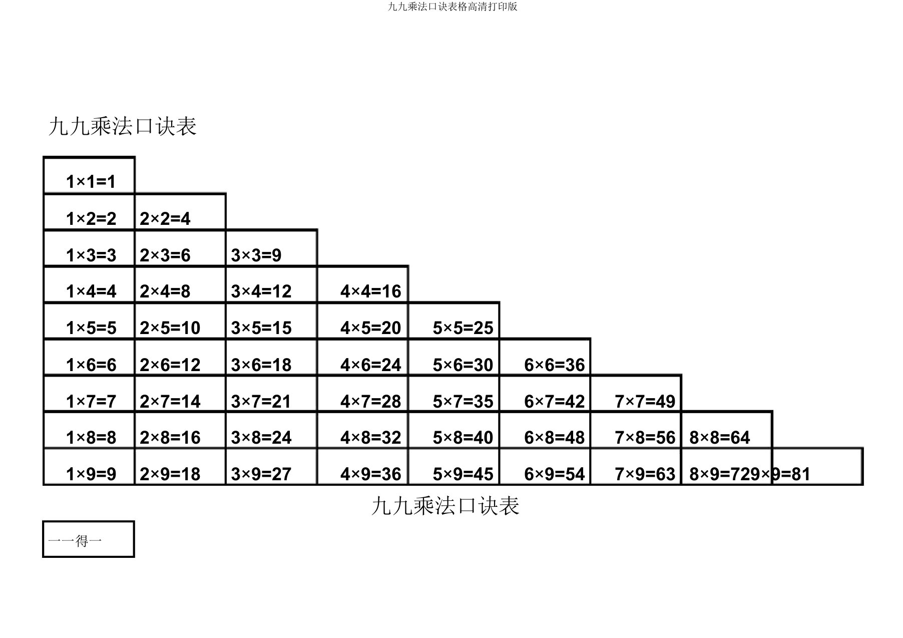 九九乘法口诀表格高清打印版