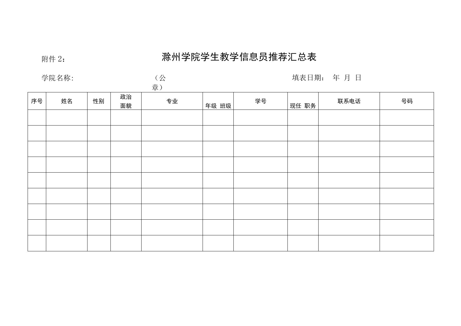 滁州学院学生教学信息员推荐汇总表