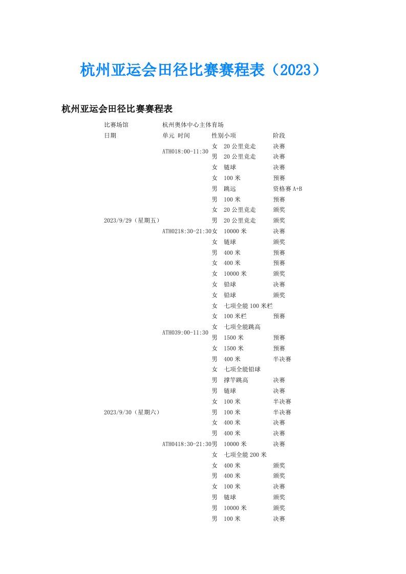 杭州亚运会田径比赛赛程表（2023）