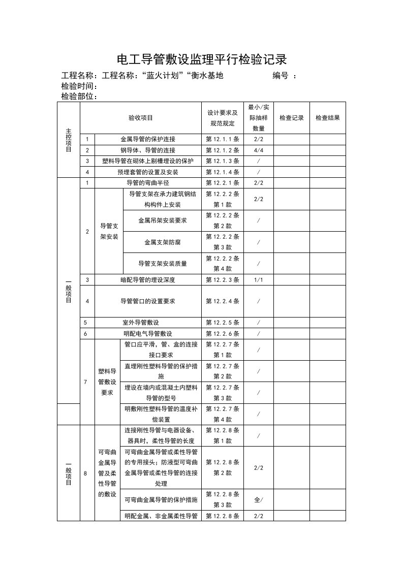 电工导管敷设监理平行检验记录