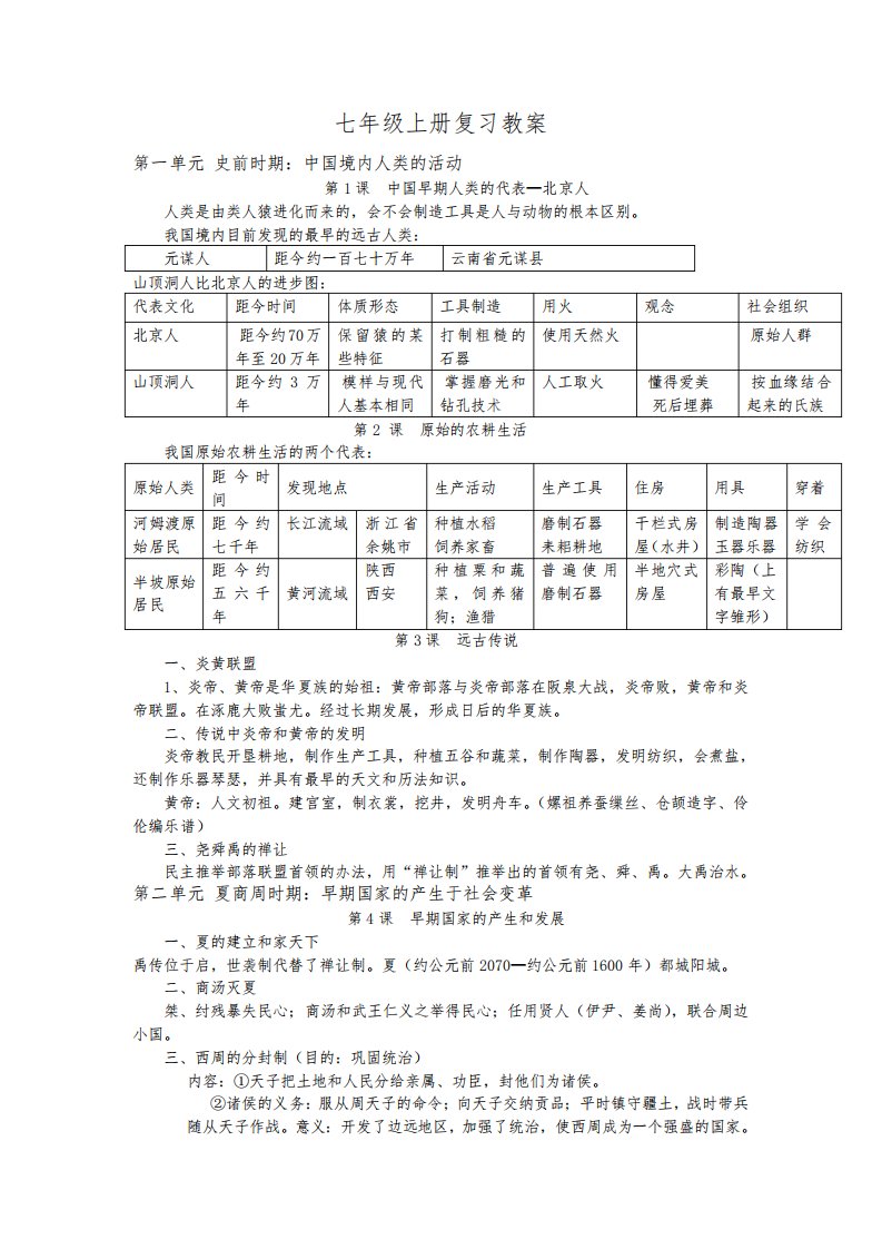 七年级历史上册复习教案