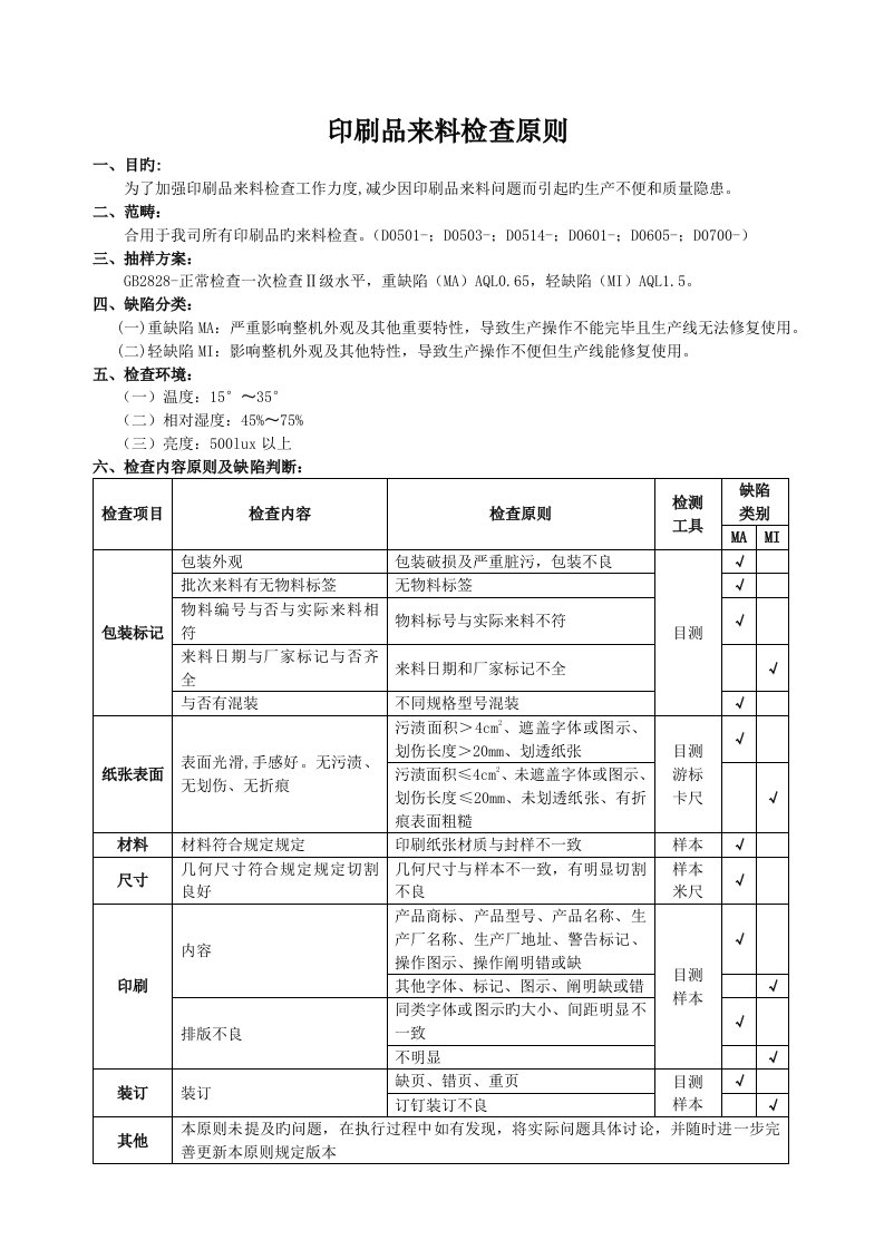 印刷品来料检验标准