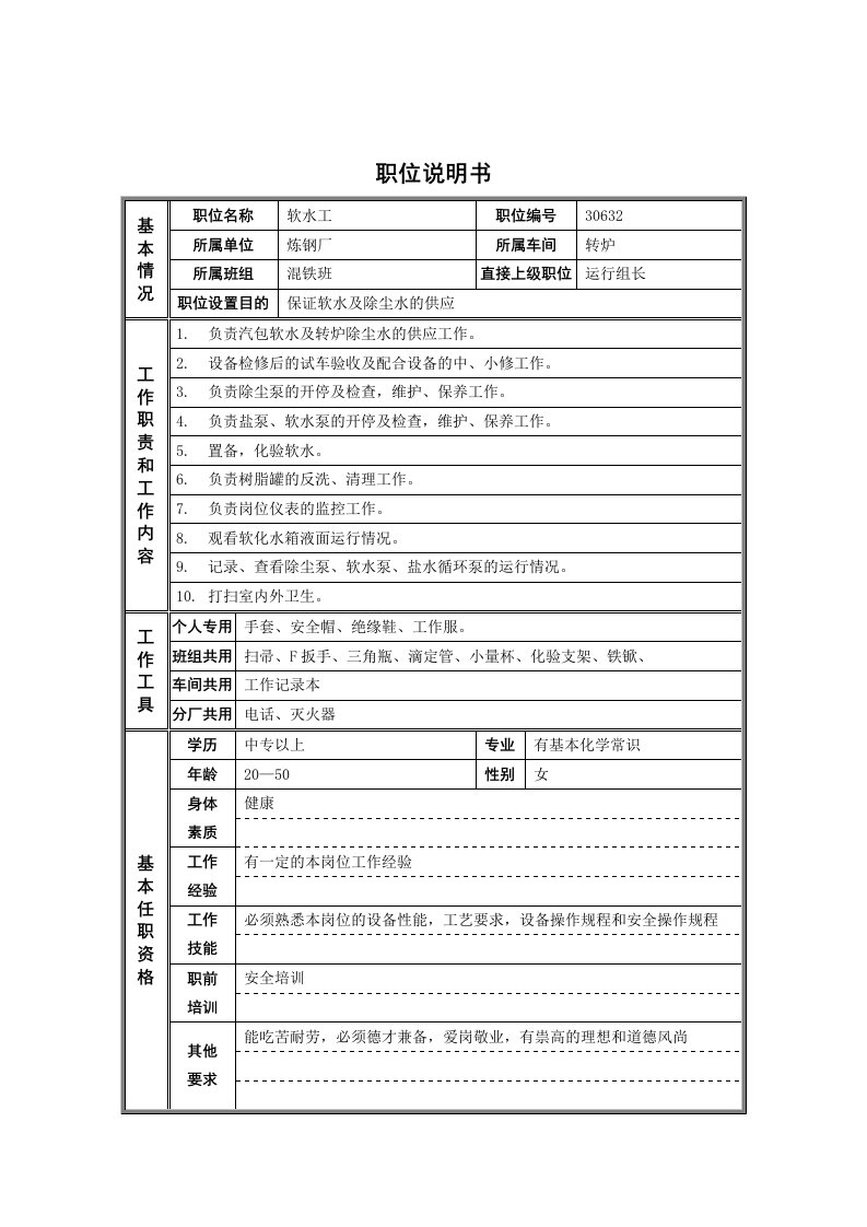 德龙钢铁-水泵工职位说明书