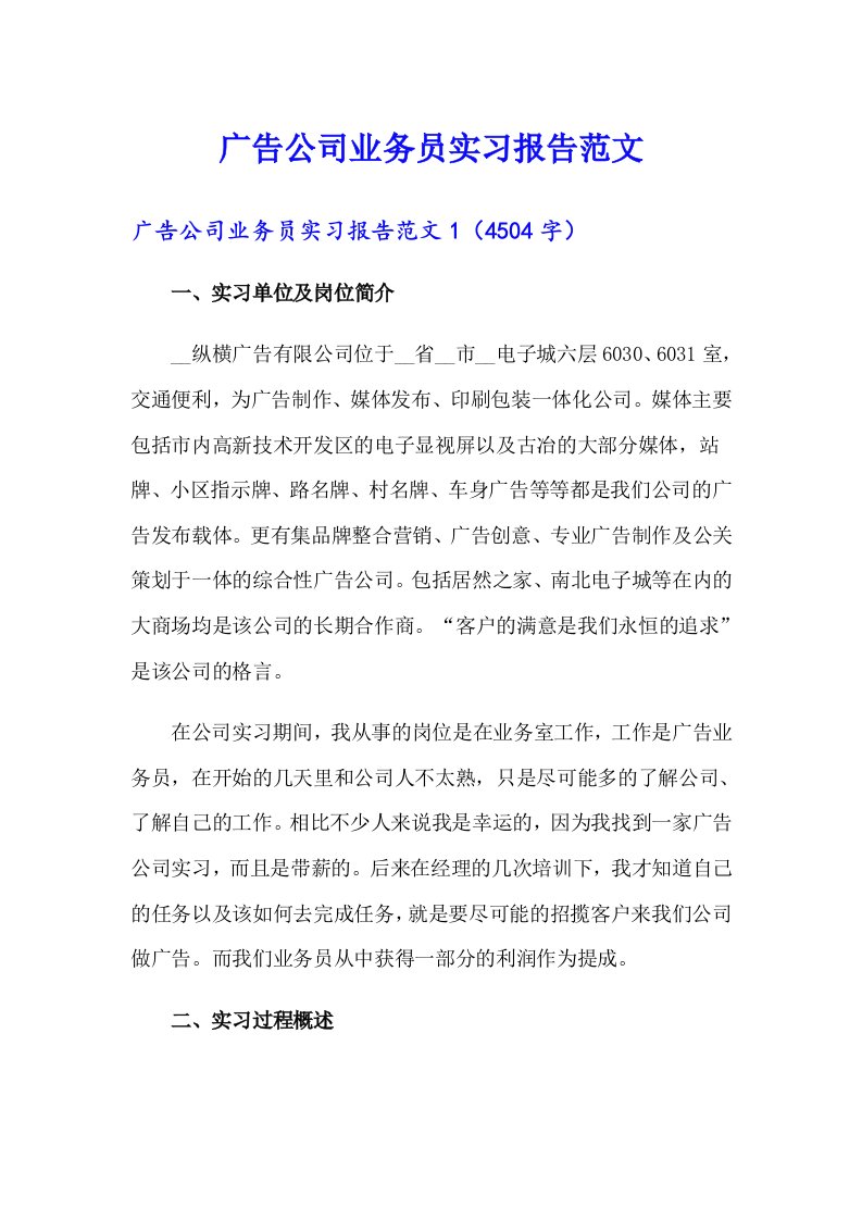 广告公司业务员实习报告范文