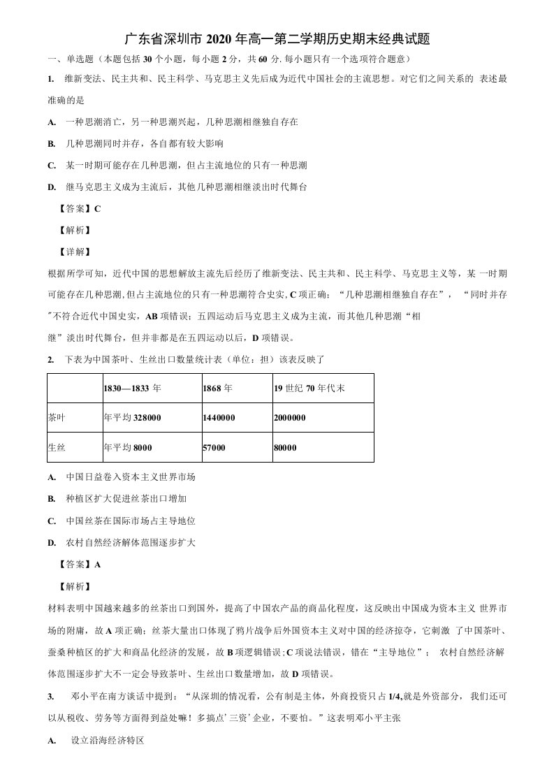 广东省深圳市2020年高一第二学期历史期末经典试题含解析