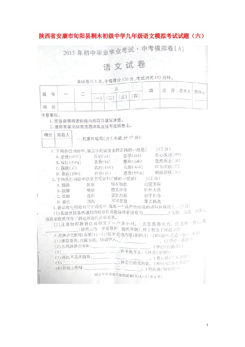 陕西省安康市旬阳县桐木初级中学九级语文模拟考试试题（六）（扫描版）