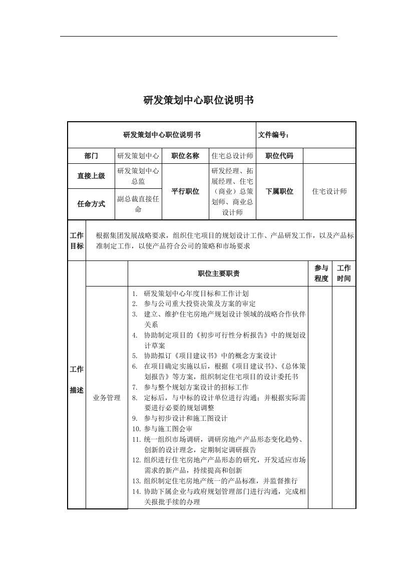 住宅总设计师岗位说明书