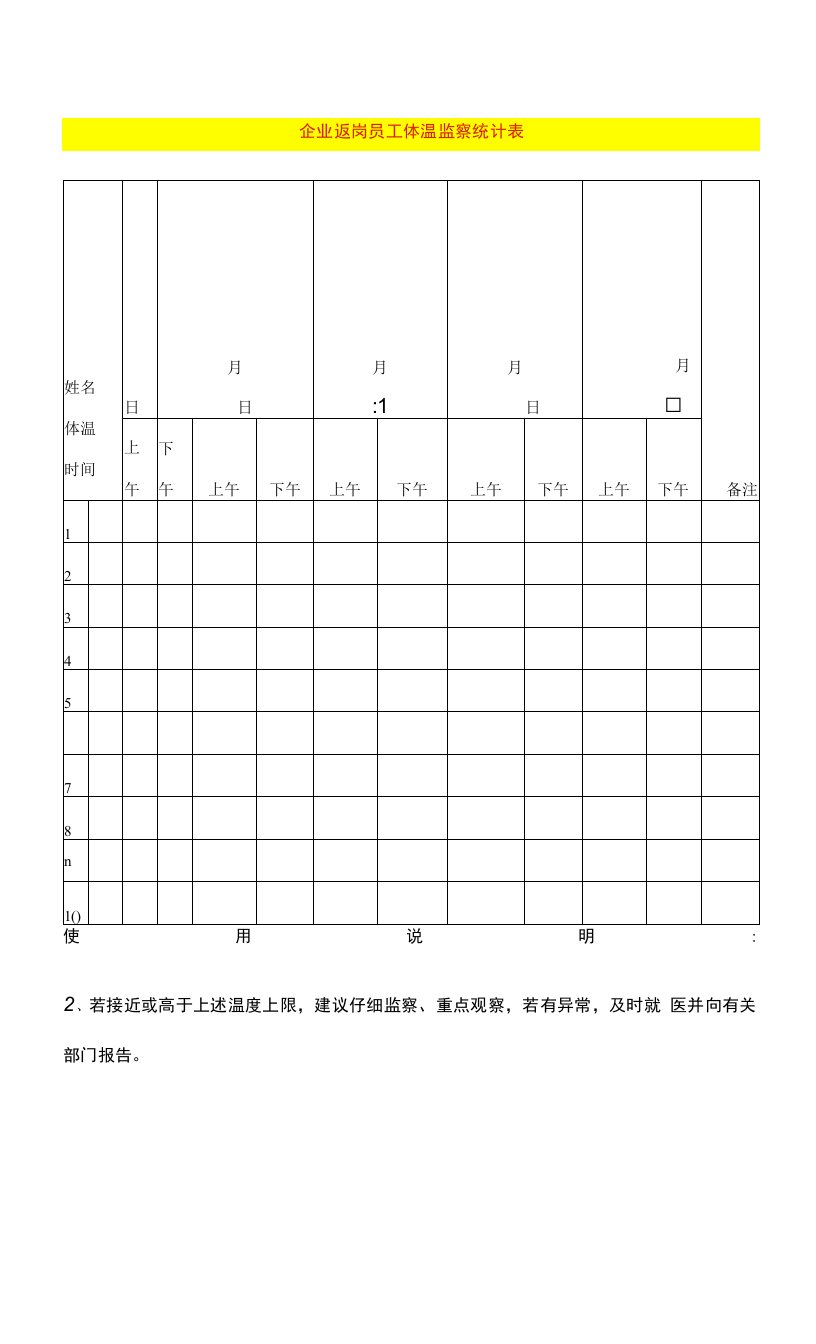 企业返岗员工体温监察统计表