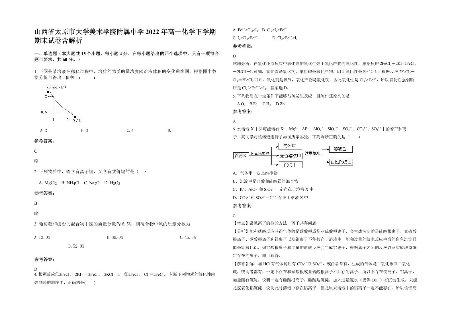 山西省太原市大学美术学院附属中学2022年高一化学下学期期末试卷含解析