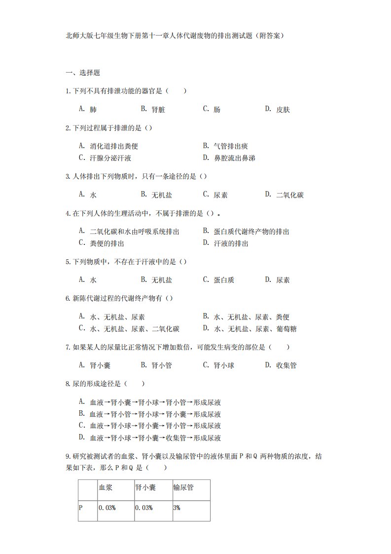 版七年级生物下册第十一章人体代谢废物的排出测试试题(附答案)