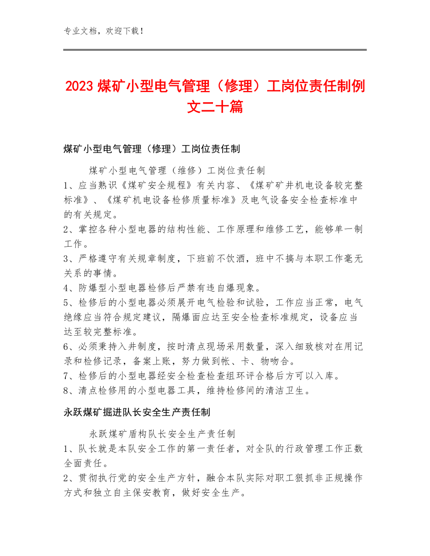 2023煤矿小型电气管理（修理）工岗位责任制例文二十篇