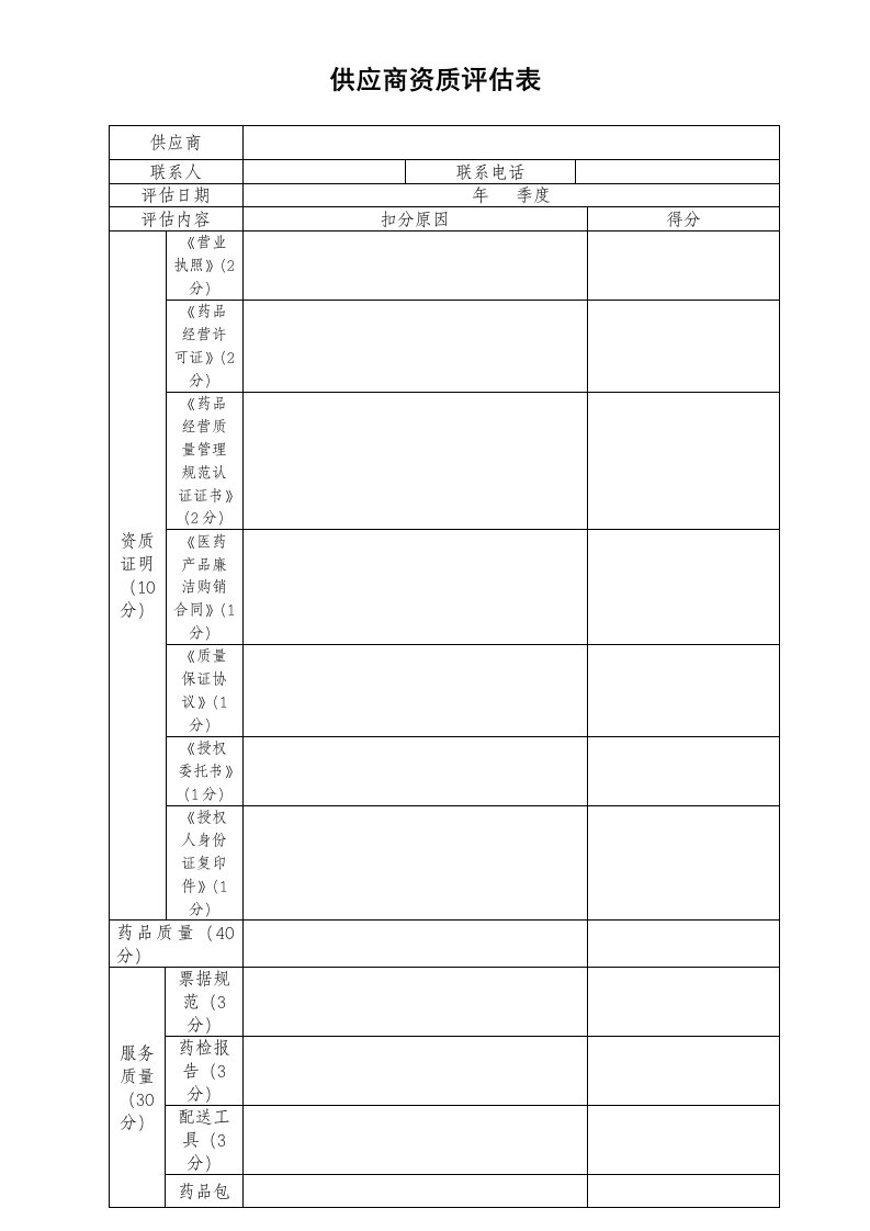 药品供应商评估表