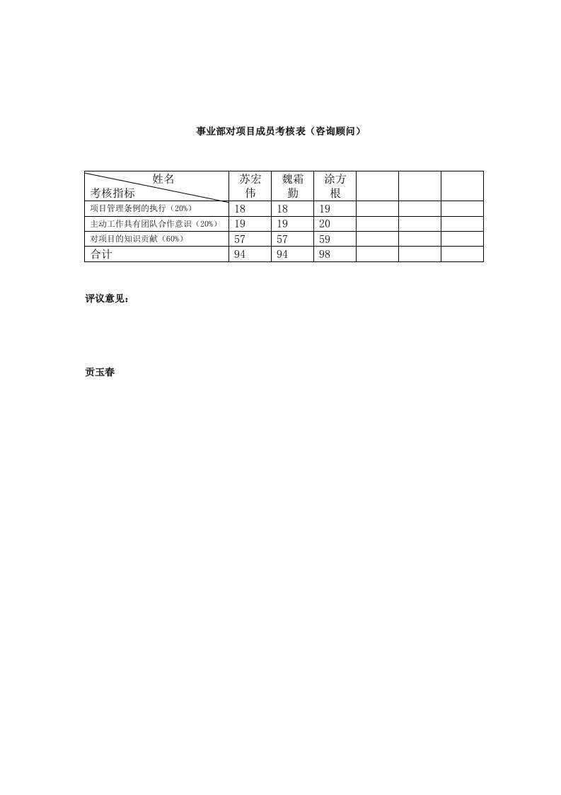 绩效管理表格-北大纵横鲁能物资事业部对项目成员考核表咨询顾问