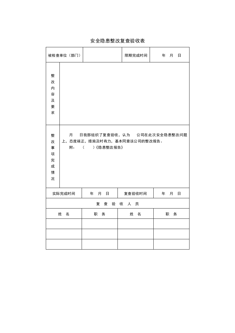 安全隐患整改复查验收表