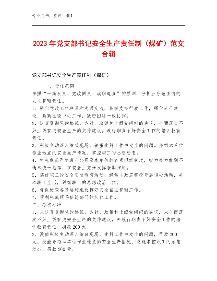 2023年党支部书记安全生产责任制（煤矿）范文合辑