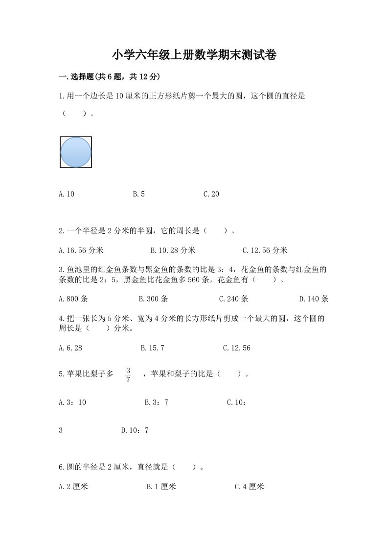 小学六年级上册数学期末测试卷标准卷