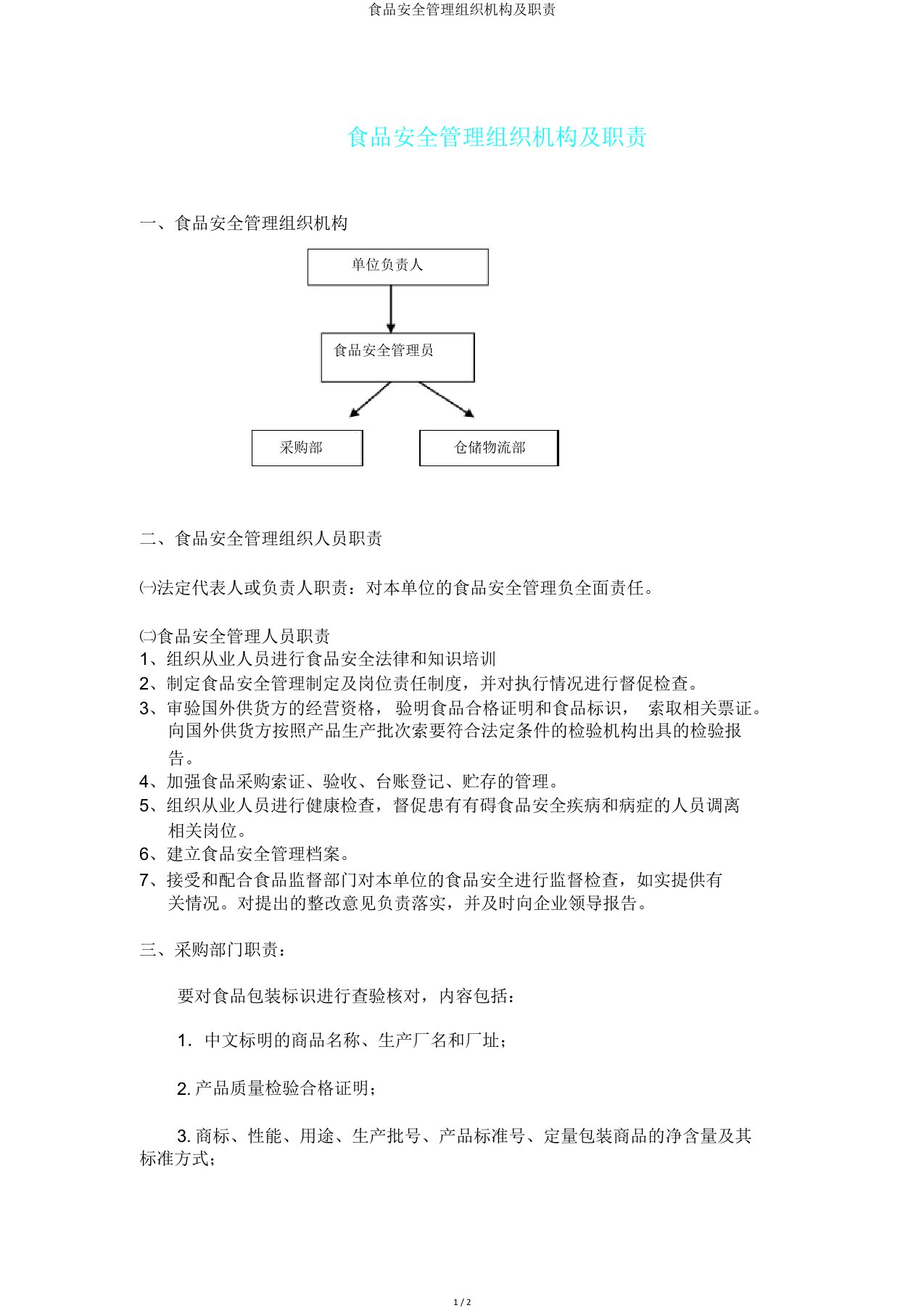 食品安全管理组织机构及职责