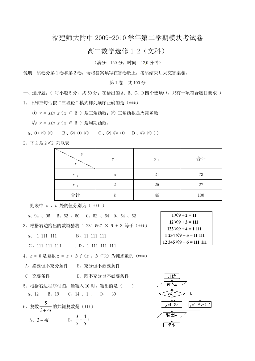 【小学中学教育精选】福建省师大附中2009-2010学年高二下（选修1-2）