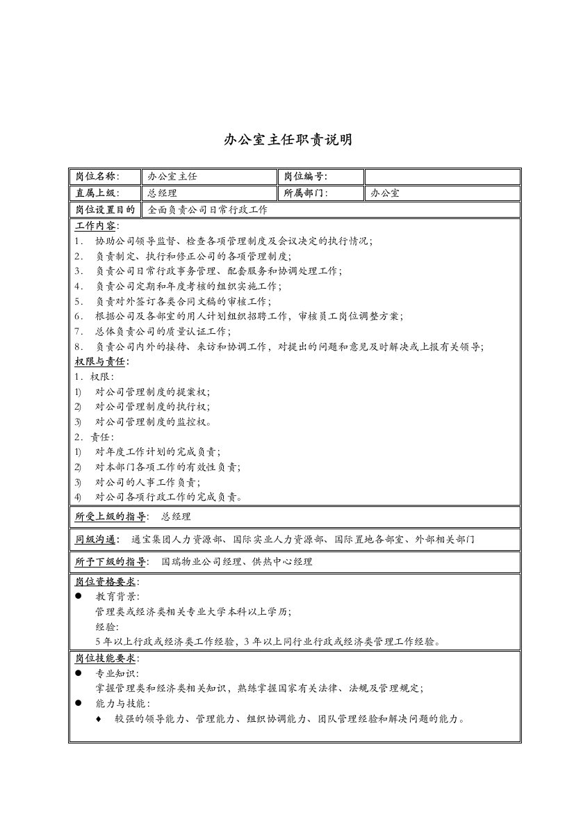 新疆国际置地公司办公室主任职责说明书