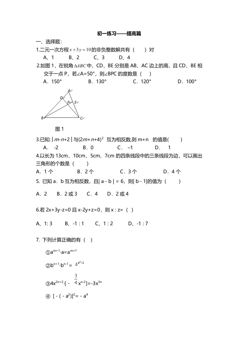 初一数学综合练习题及答案(提高篇)