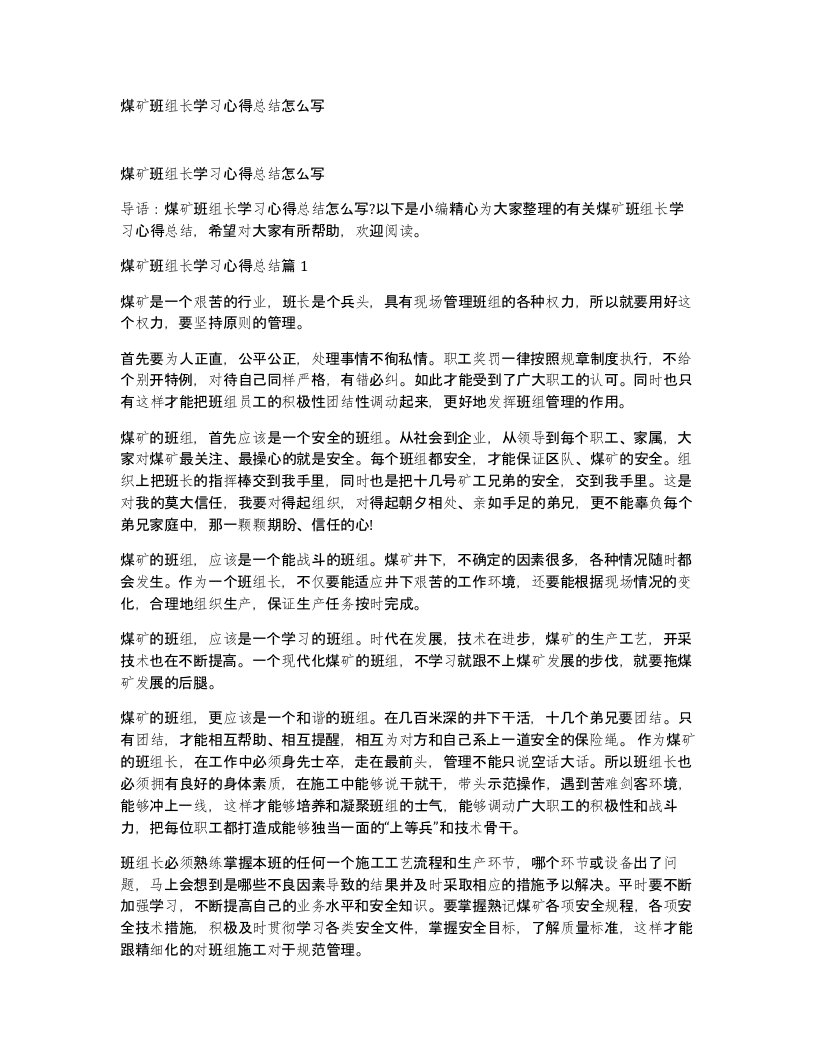 煤矿班组长学习心得总结怎么写