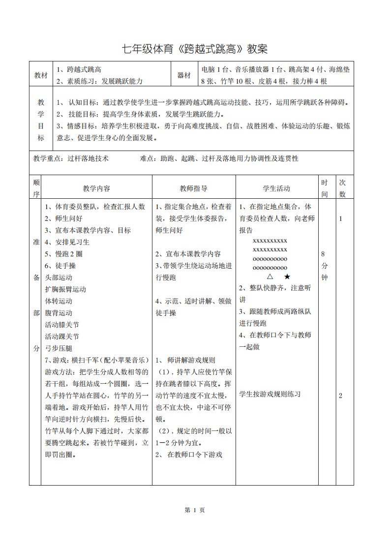 七年级体育《跨越式跳高》教案