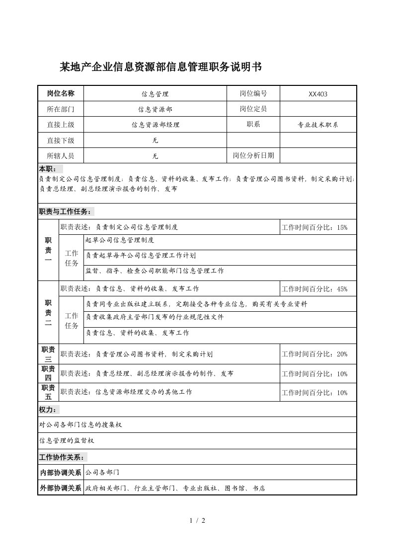 地产企业信息资源部信息管理职务说明书