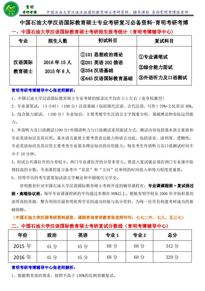 中国石油大学汉语国际教育硕士考研真题历年分数线高分课程班-育明考研考博