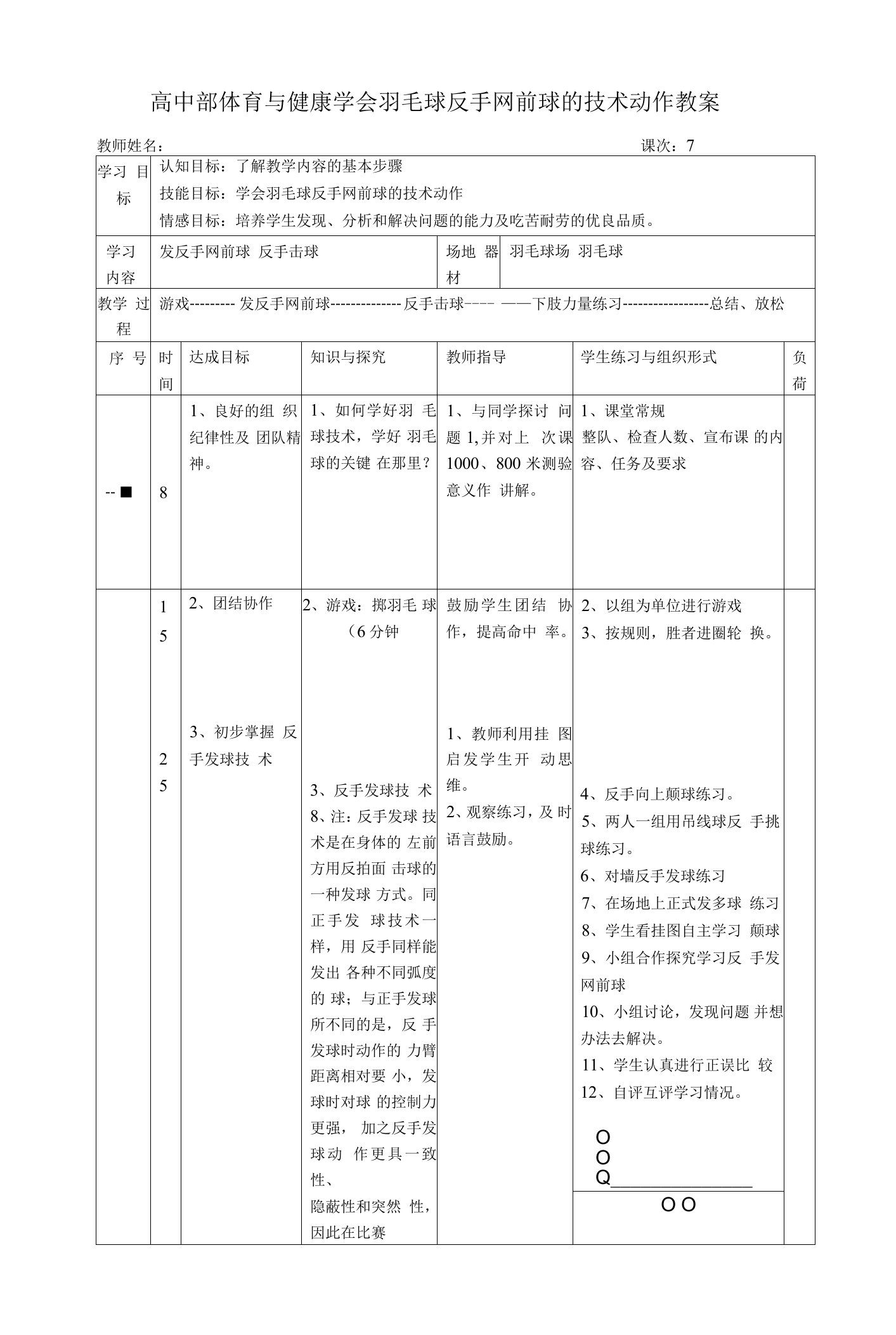 高中部体育与健康学会羽毛球反手网前球的技术动作教案