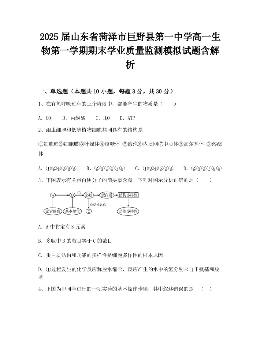 2025届山东省菏泽市巨野县第一中学高一生物第一学期期末学业质量监测模拟试题含解析