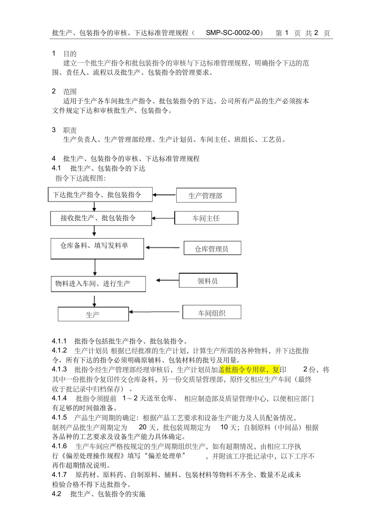 SMP-SC-0002-00批生产、包装指令的审核、下达标准管理规程