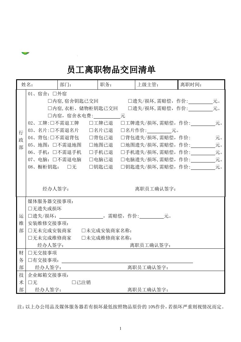 离职员工物品交回登记表