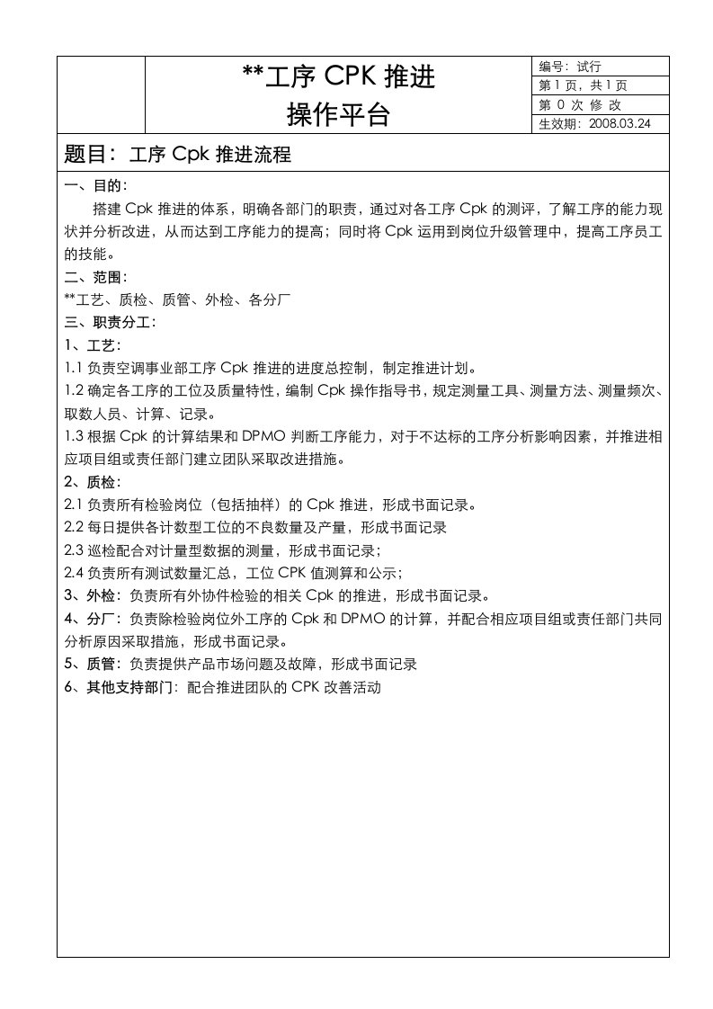 过程能力工序CPK管理平台、CPK管理规定、CPK程序文件