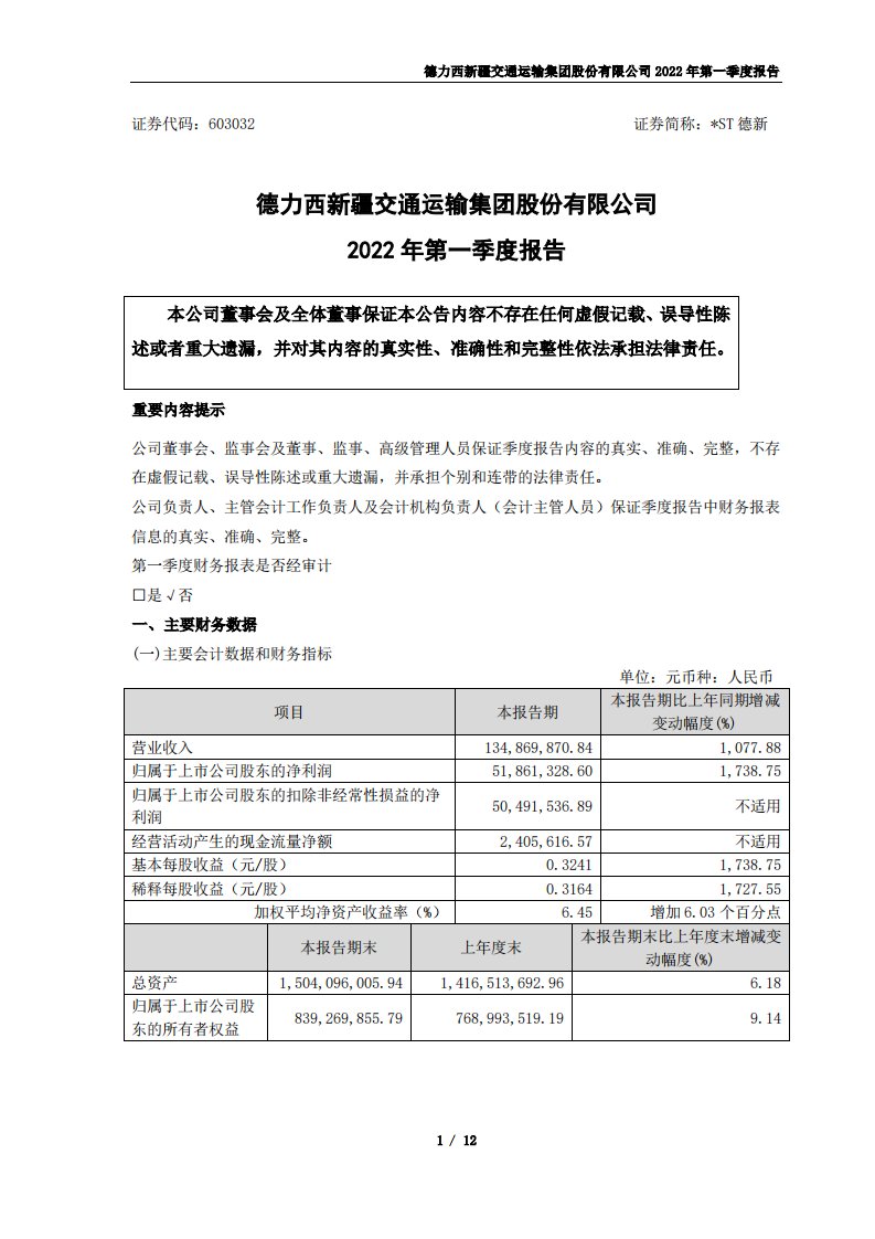 上交所-德力西新疆交通运输集团股份有限公司2022年第一季度报告-20220425