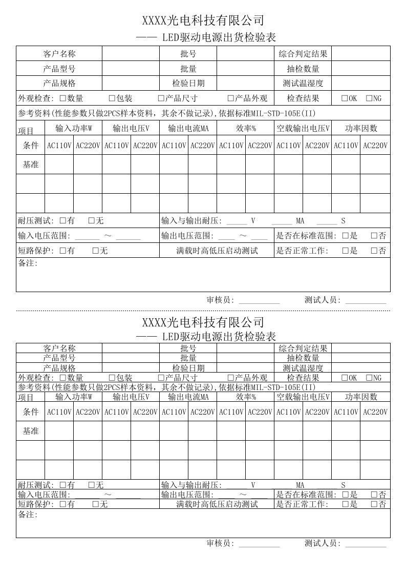 led驱动电源出货检验报告表格