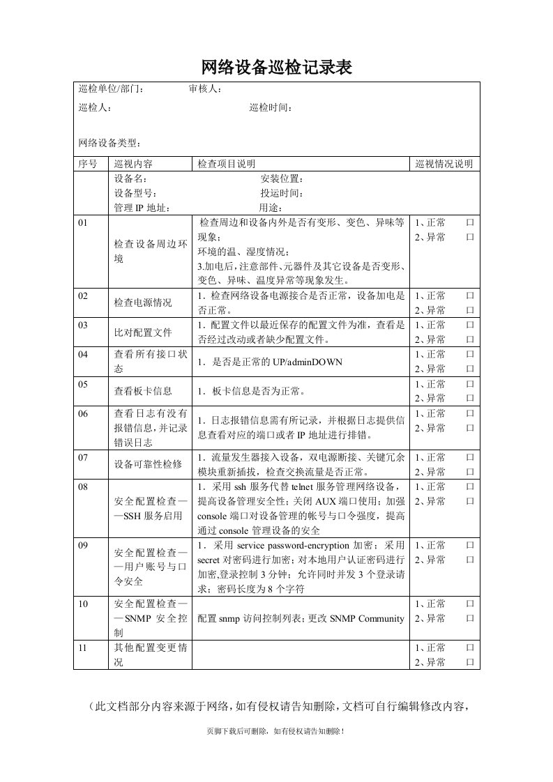 机房网络设备巡检记录表格式