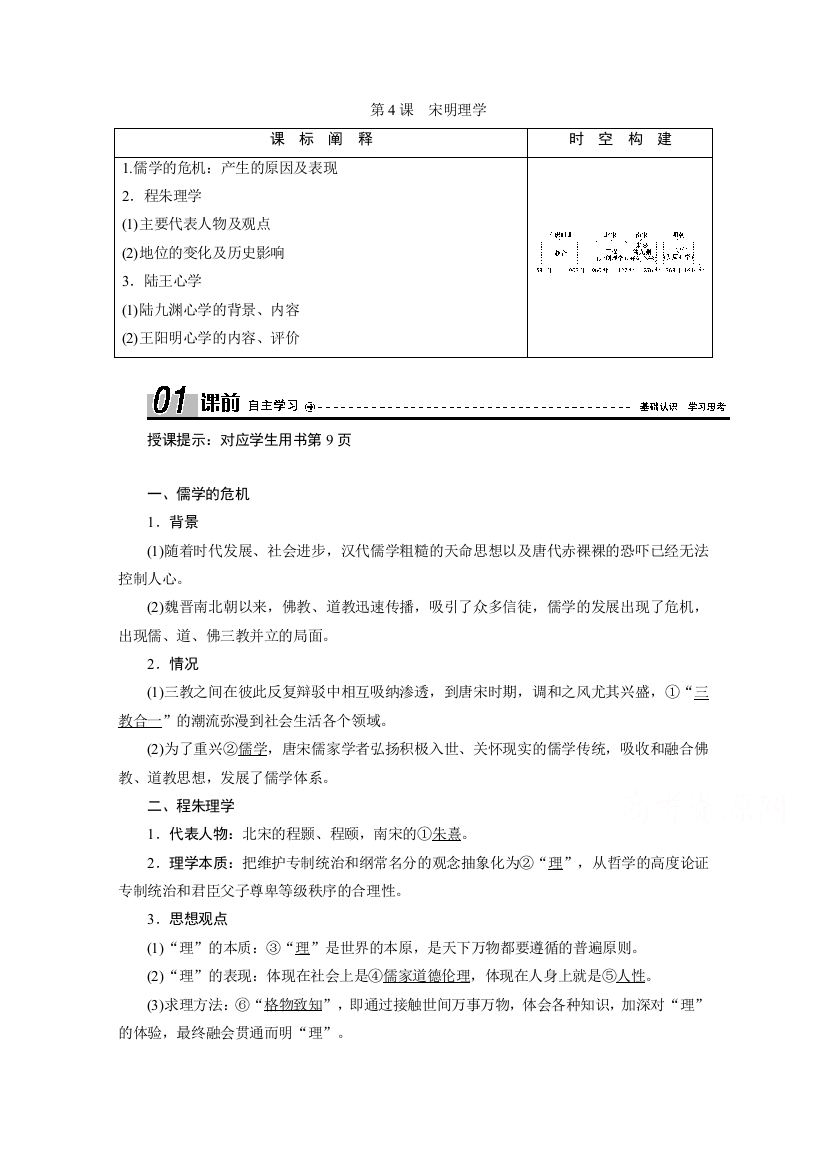 2020-2021学年岳麓版历史必修3学案：第4课　宋明理学