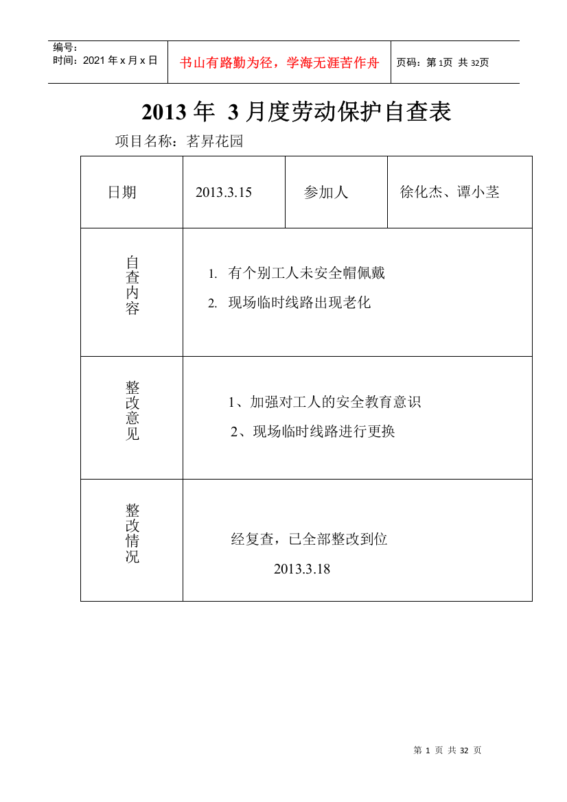 安全资料--工会---月度劳动保护自查表