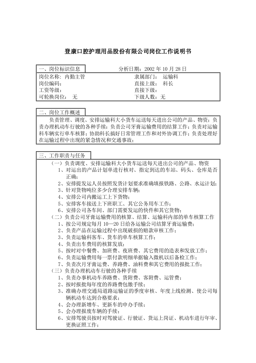 登康口腔护理用品股份有限公司内勤主管岗位工作说明书