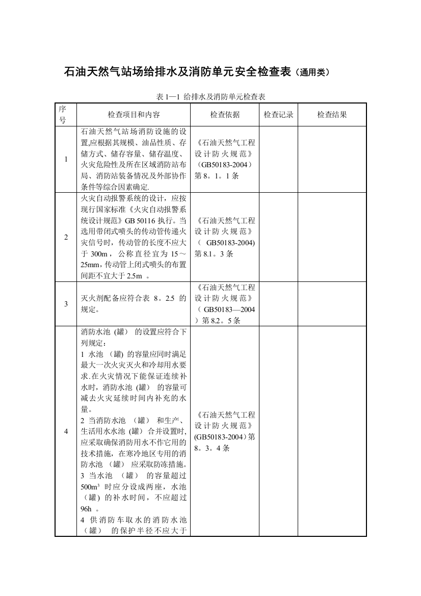 石油天然气站场给排水及消防单元安全检查表(通用类).