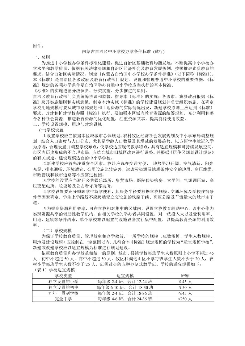 内蒙古自治区中小学校办学条件标准