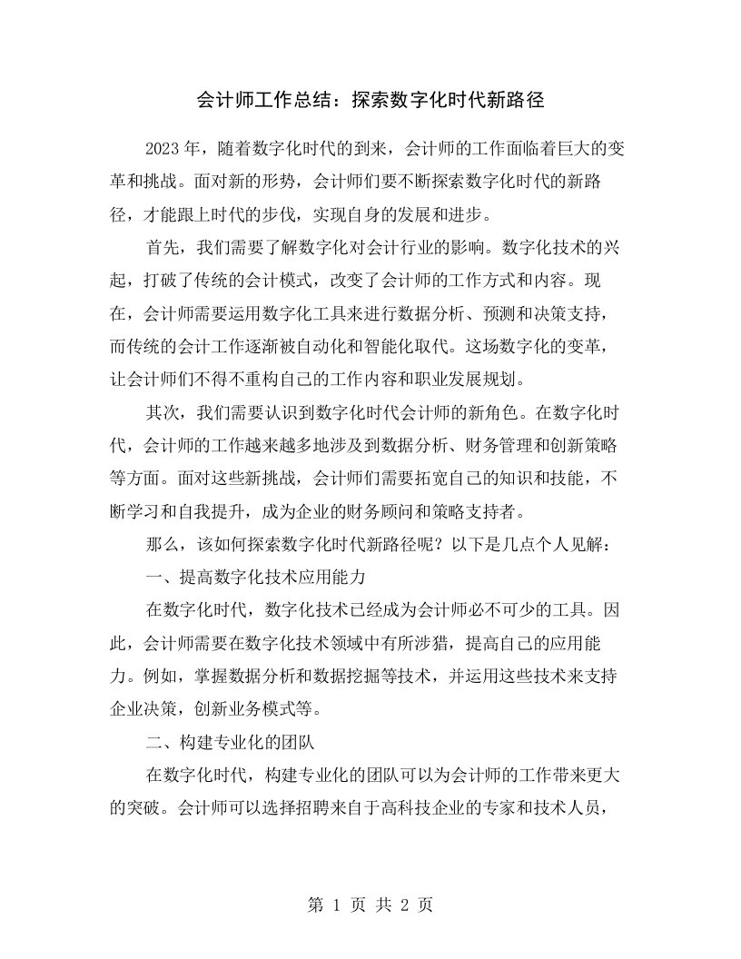 会计师工作总结：探索数字化时代新路径