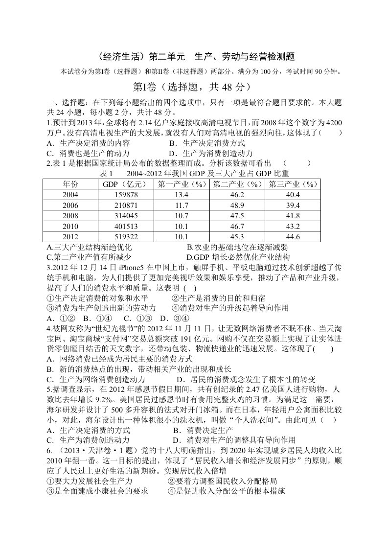 必修1第二单元生产、劳动与经营单元检测