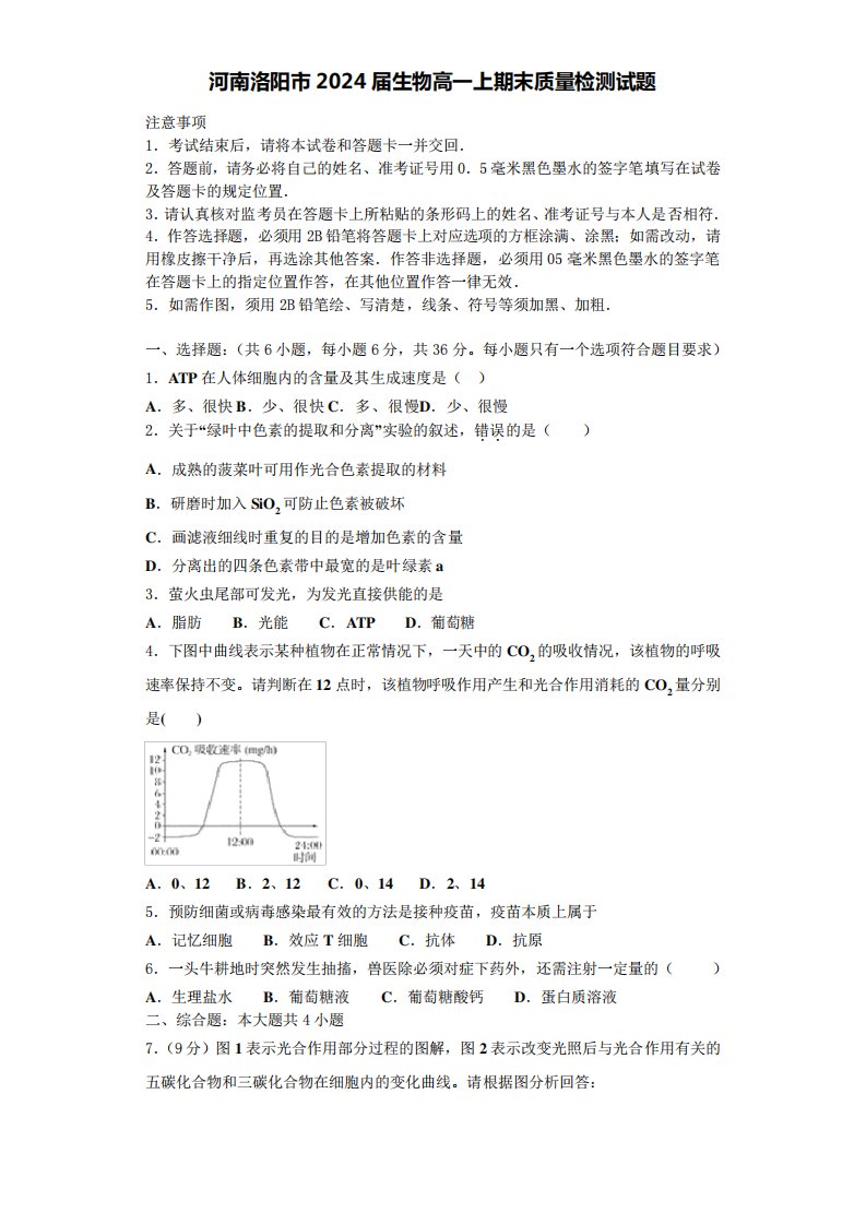 河南洛阳市2024届生物高一上期末质量检测试题含解析