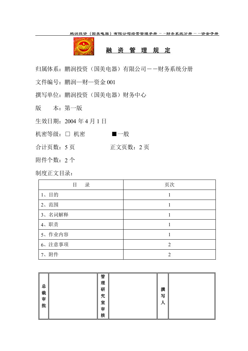 某知名电器连锁有限公司融资管理规定(doc)-投资融资